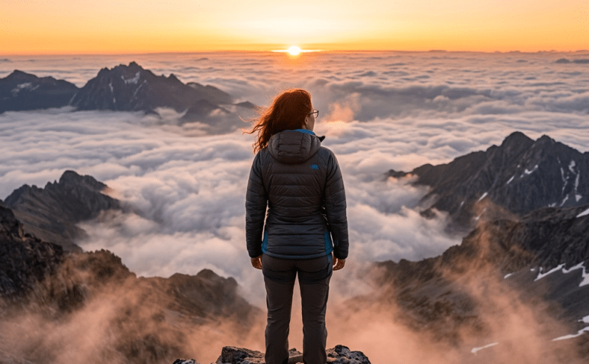 Person standing on rocky mountain peak facing sunrise above clouds