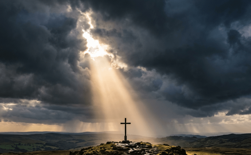 Sunlight rays shining through dark clouds onto a hilltop cross in a vast landscape